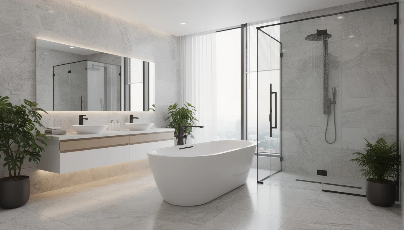 Beautiful modern bathroom design with freestanding tub, marble tile, and natural lighting
