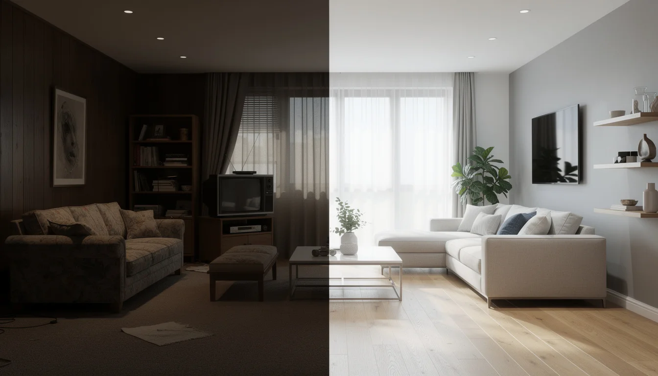 Dramatic before and after room makeover showing a living room transformed from dated to modern