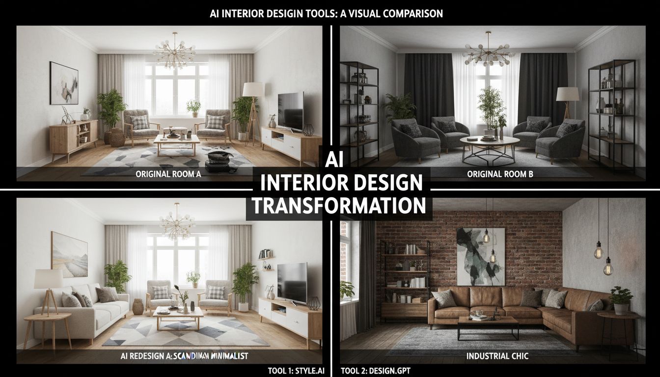 Side-by-side comparison of AI interior design tools showing the same room redesigned by different platforms