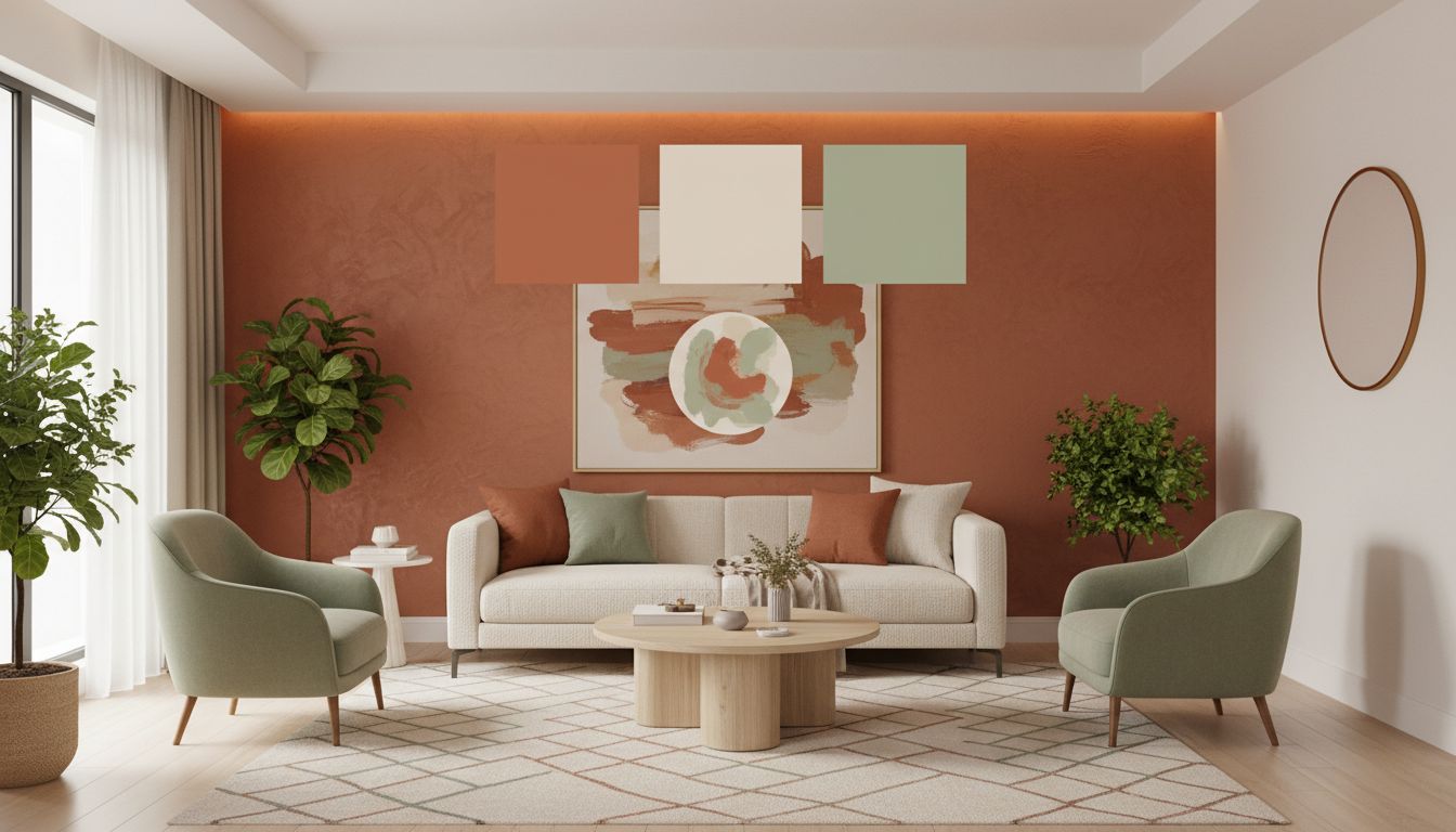 Interior design color palette guide showing a beautifully designed living room with harmonious color coordination