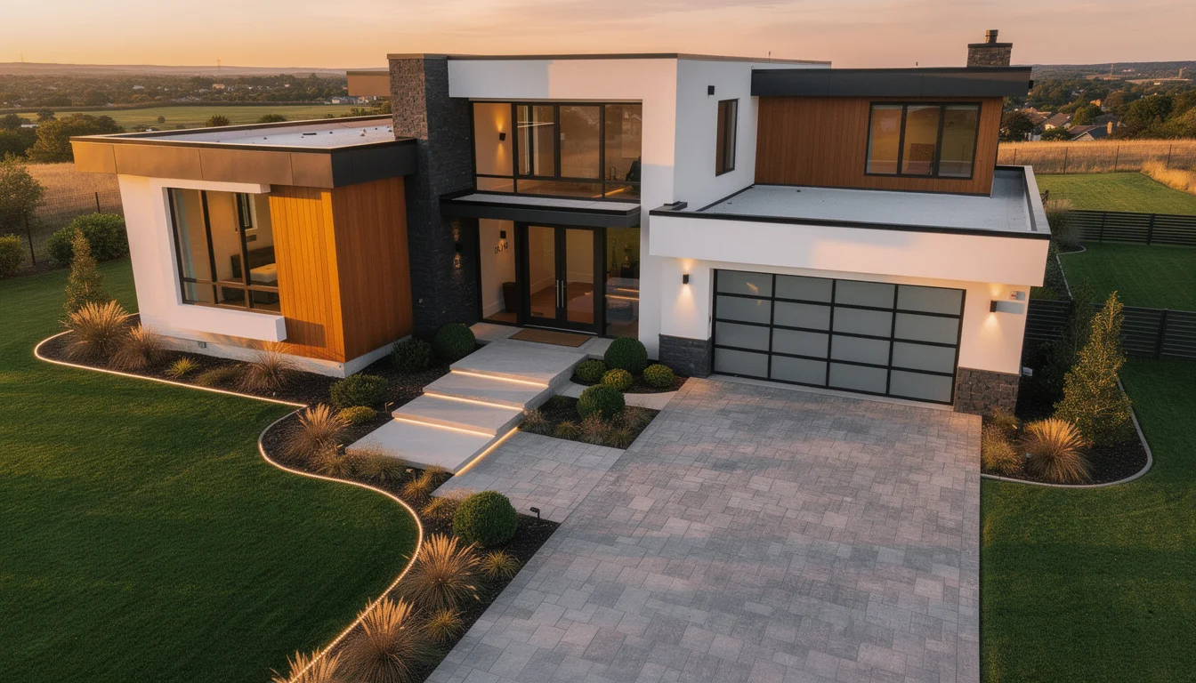 AI-powered home exterior design showing a beautiful modern facade with landscaped front yard