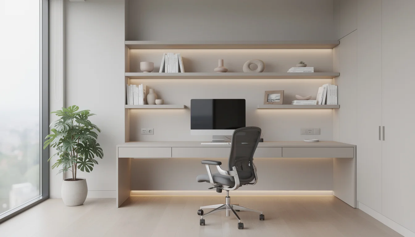 Modern home office with built-in desk, ergonomic chair, warm lighting, and plants