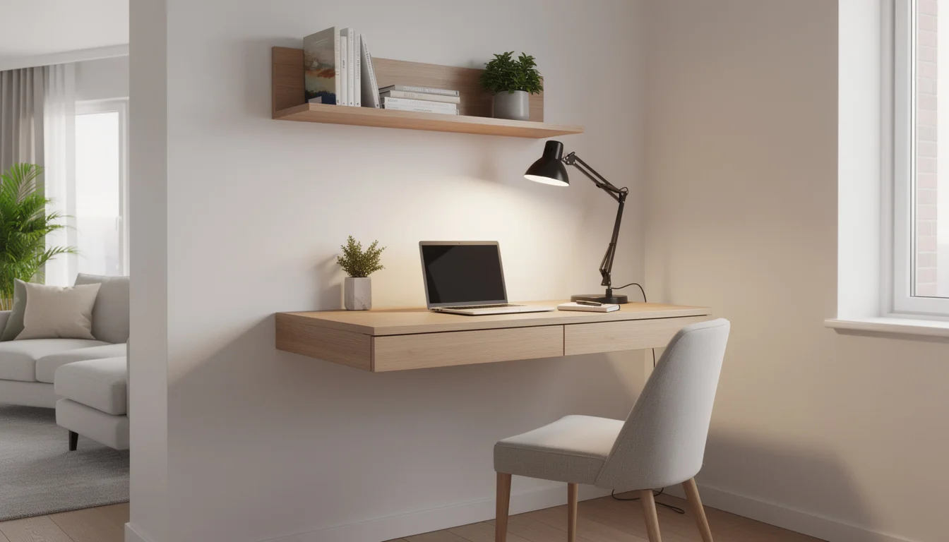 Clever small home office nook with wall-mounted desk and minimal decor