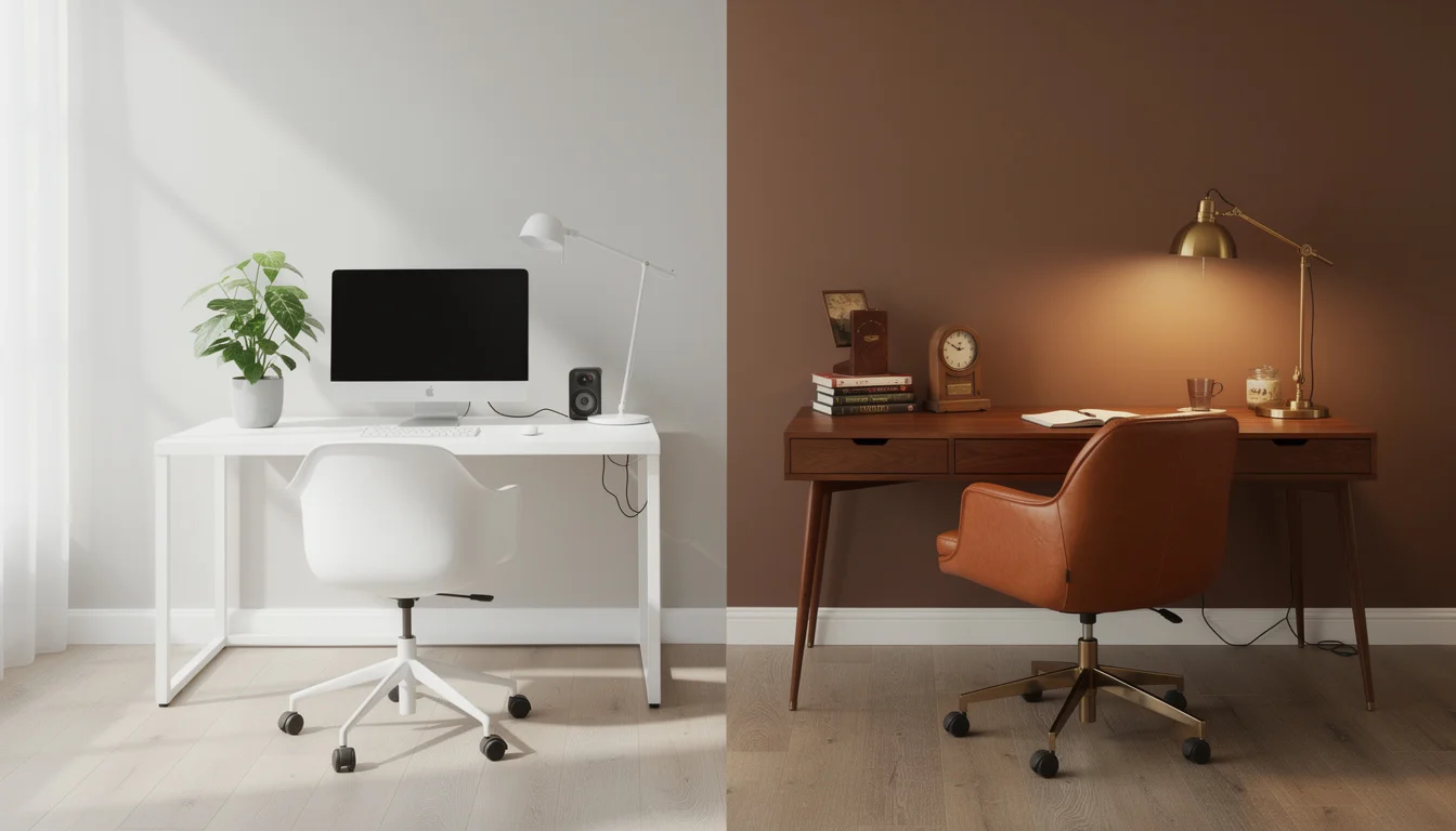 Two home office styles: modern minimalist and warm mid-century modern