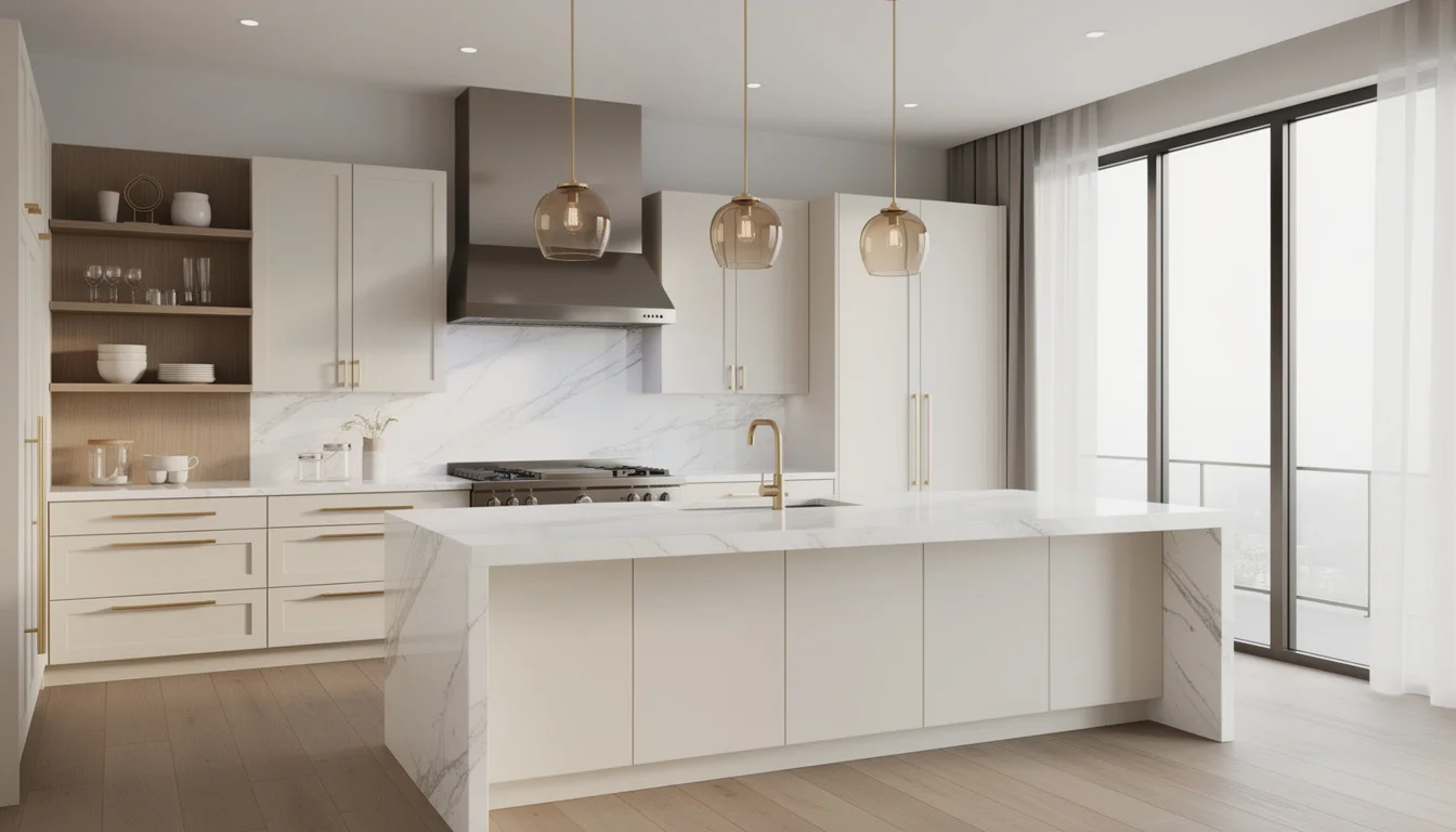 Modern AI-designed kitchen with island, custom cabinetry, and natural lighting