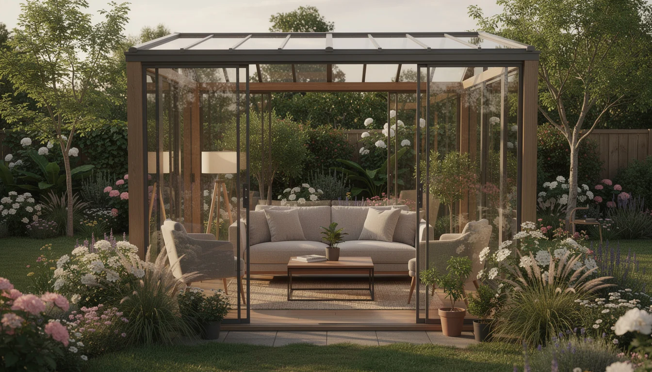 Modern garden room with glass walls surrounded by landscaping