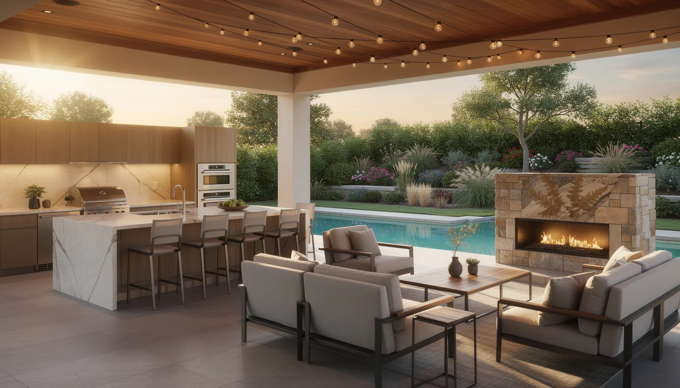 Luxurious outdoor living space with covered patio, outdoor kitchen, seating area, and garden