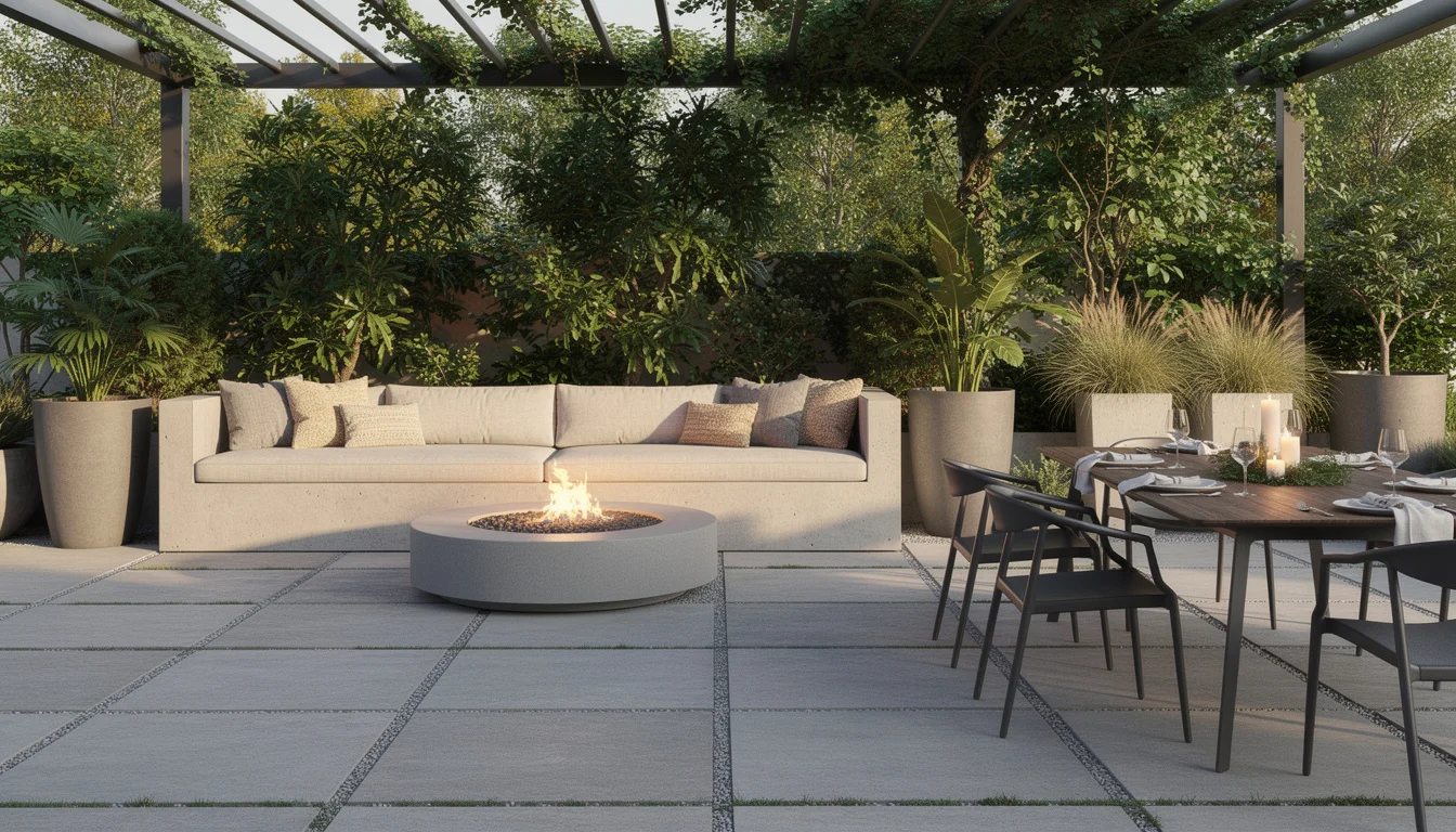 Beautiful modern patio with seating, fire pit, and landscaping