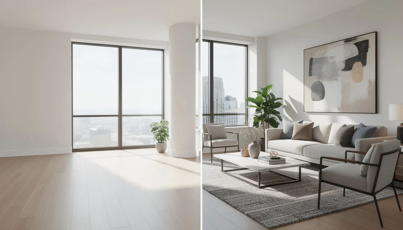 Side-by-side comparison of AI virtual staging quality versus traditional physical staging