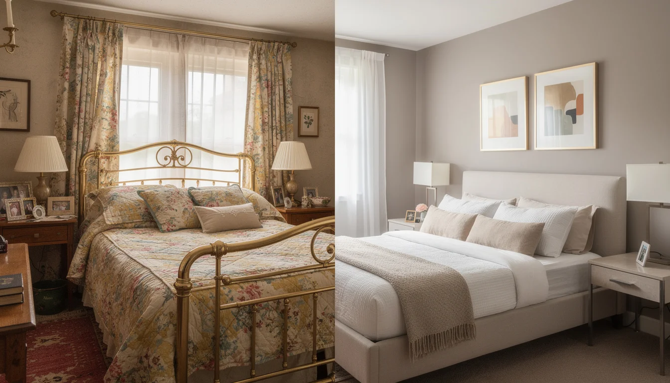 Before and after bedroom transformation showing a dated room turned into a modern retreat