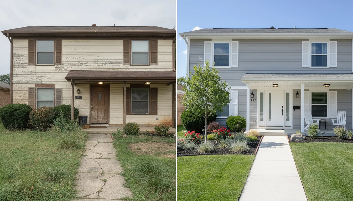 Before and after exterior transformation showing a home facade makeover with landscaping