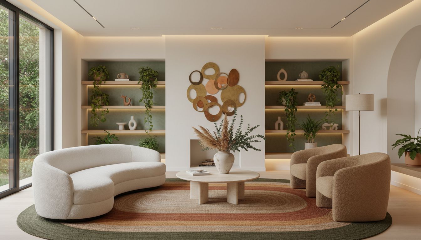 Collage of 2026 interior design trends featuring warm minimalism, biophilic design, and bold color blocking in modern living spaces