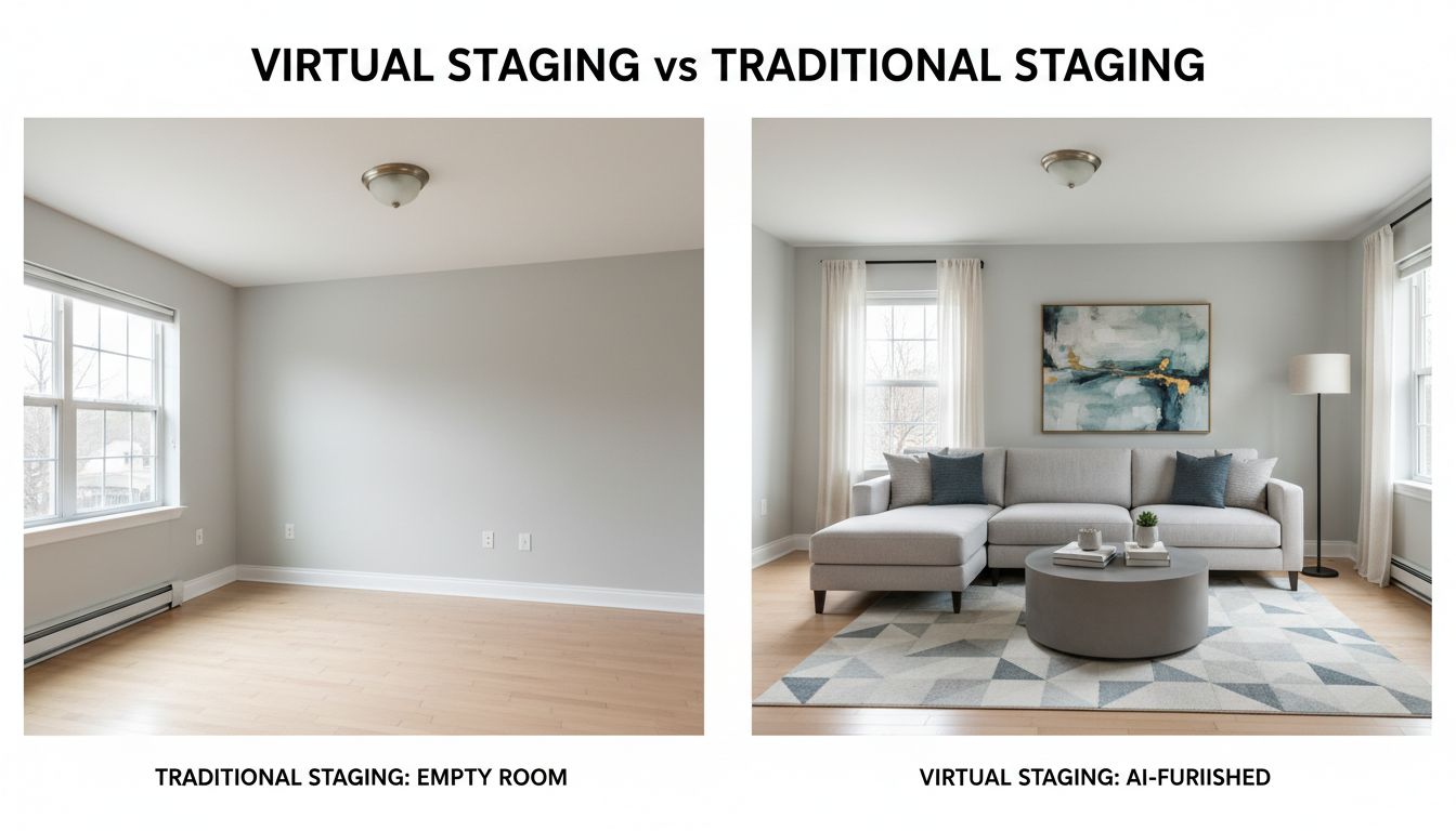 Side-by-side comparison of a virtually staged living room and a traditionally staged living room