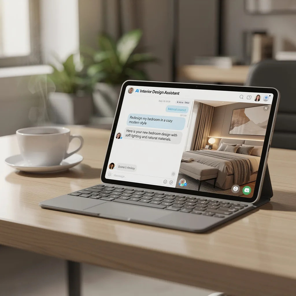 Deqor AI chat interface — type natural language to transform any room, get photorealistic design results in seconds