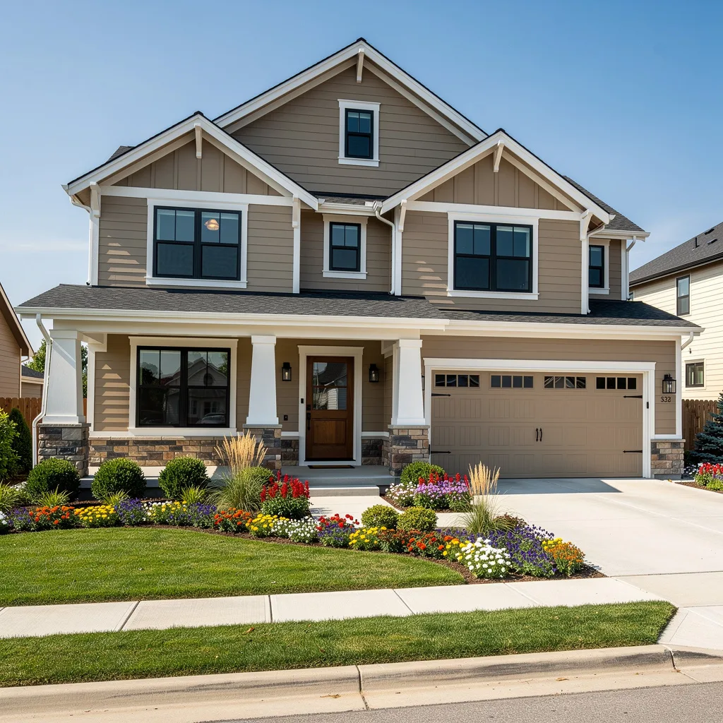 Beautiful modern home exterior with enhanced curb appeal — new paint, landscaping, and outdoor lighting — Deqor AI