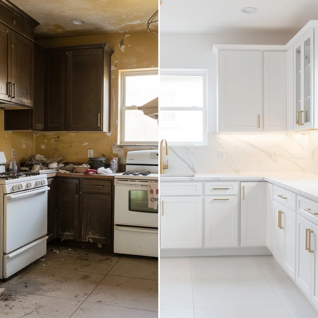 Before and after bathroom renovation preview — dated bathroom transformed into modern spa by Deqor AI