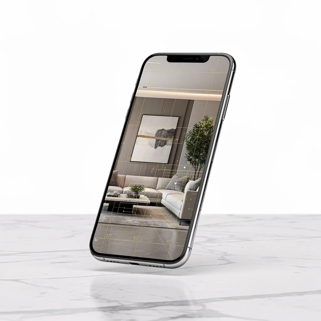 Smartphone uploading a room photo with AI analysis overlay — smart upload feature by Deqor AI