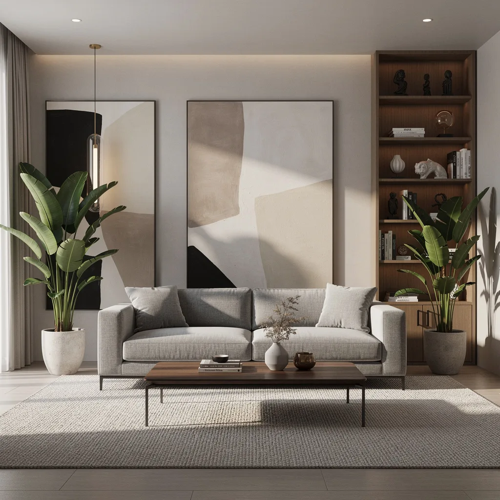 AI virtually staged living room with modern furniture, area rug, and art — photorealistic virtual staging by Deqor AI