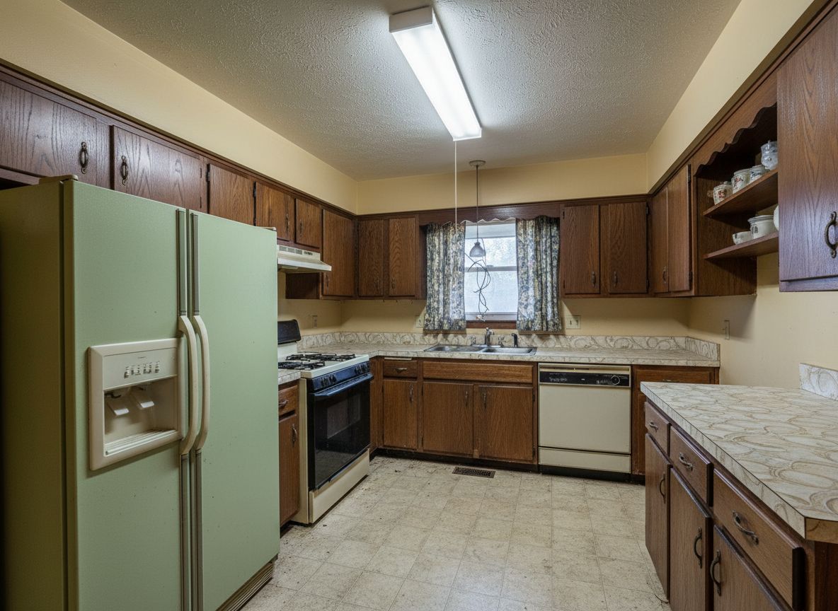 Deqor AI farmhouse kitchen transformation - before photo with outdated oak cabinets