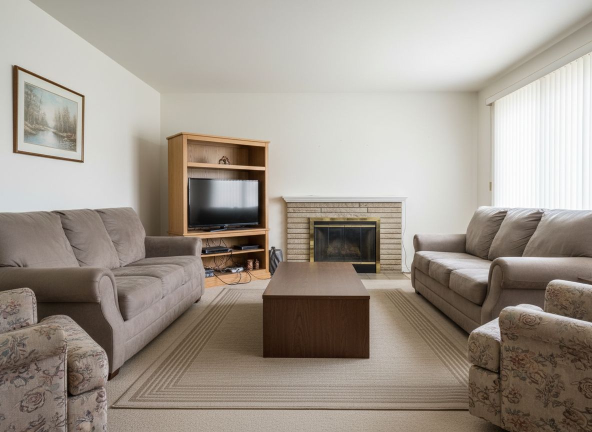 Living room being scanned by Deqor AI agent — detecting design issues like dated furniture, poor lighting, and wall color problems