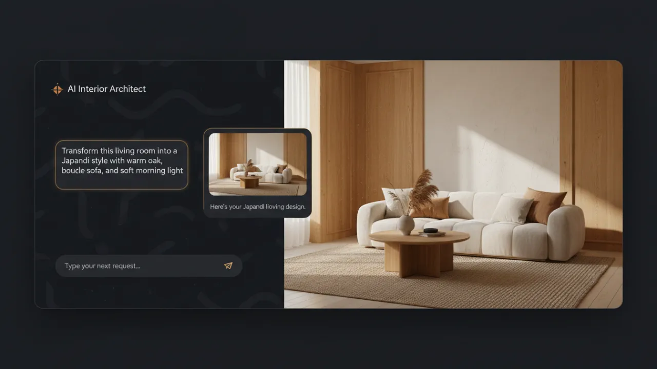 Deqor AI Chat Design - premium dark interface showing chat conversation and photorealistic Japandi living room result