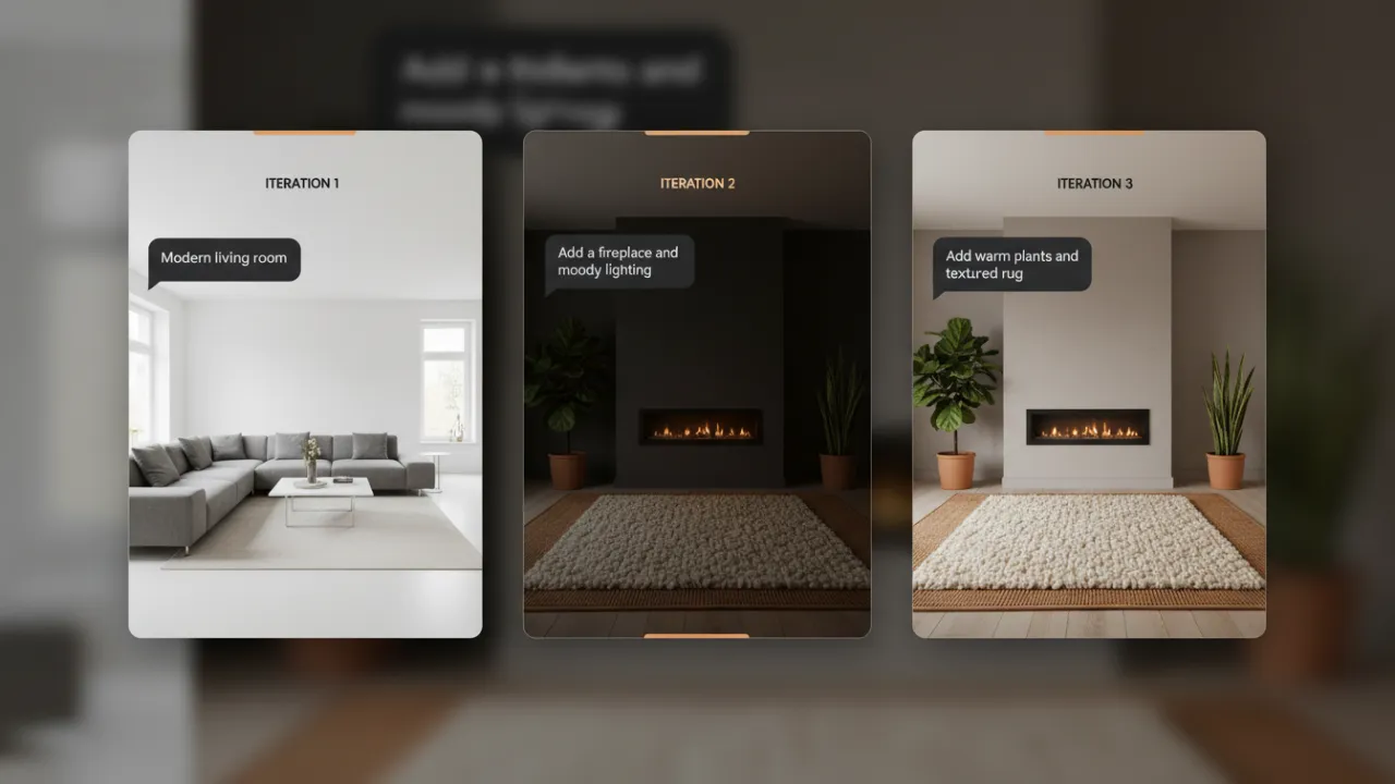 Deqor AI Chat Design showing 3 iterations of the same room being refined through follow-up prompts