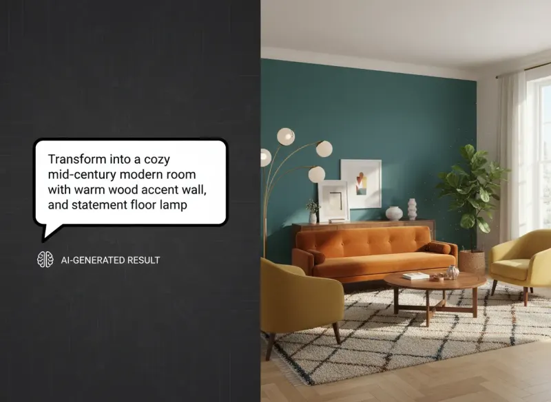 Deqor AI Chat Design result - mid-century modern living room transformation from a single prompt