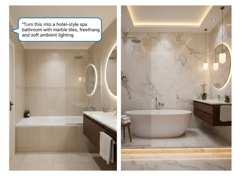 Deqor AI Chat Design result - Japanese spa bathroom transformation from a single natural language prompt