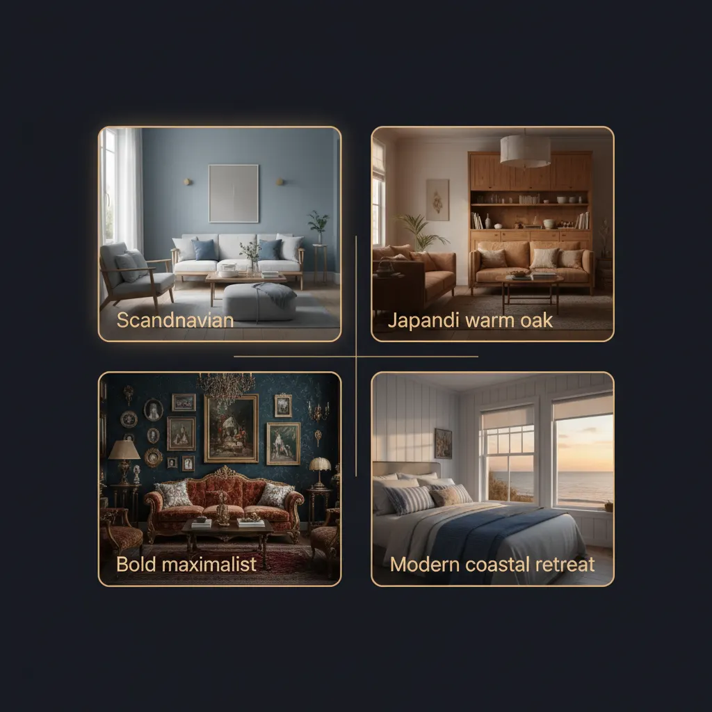 Deqor AI Chat Design showing prompt cards from single words to detailed descriptions with photorealistic room results