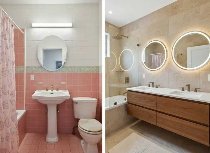 Deqor AI spa master bathroom transformation - from dated pink 90s bathroom to luxurious spa master bath