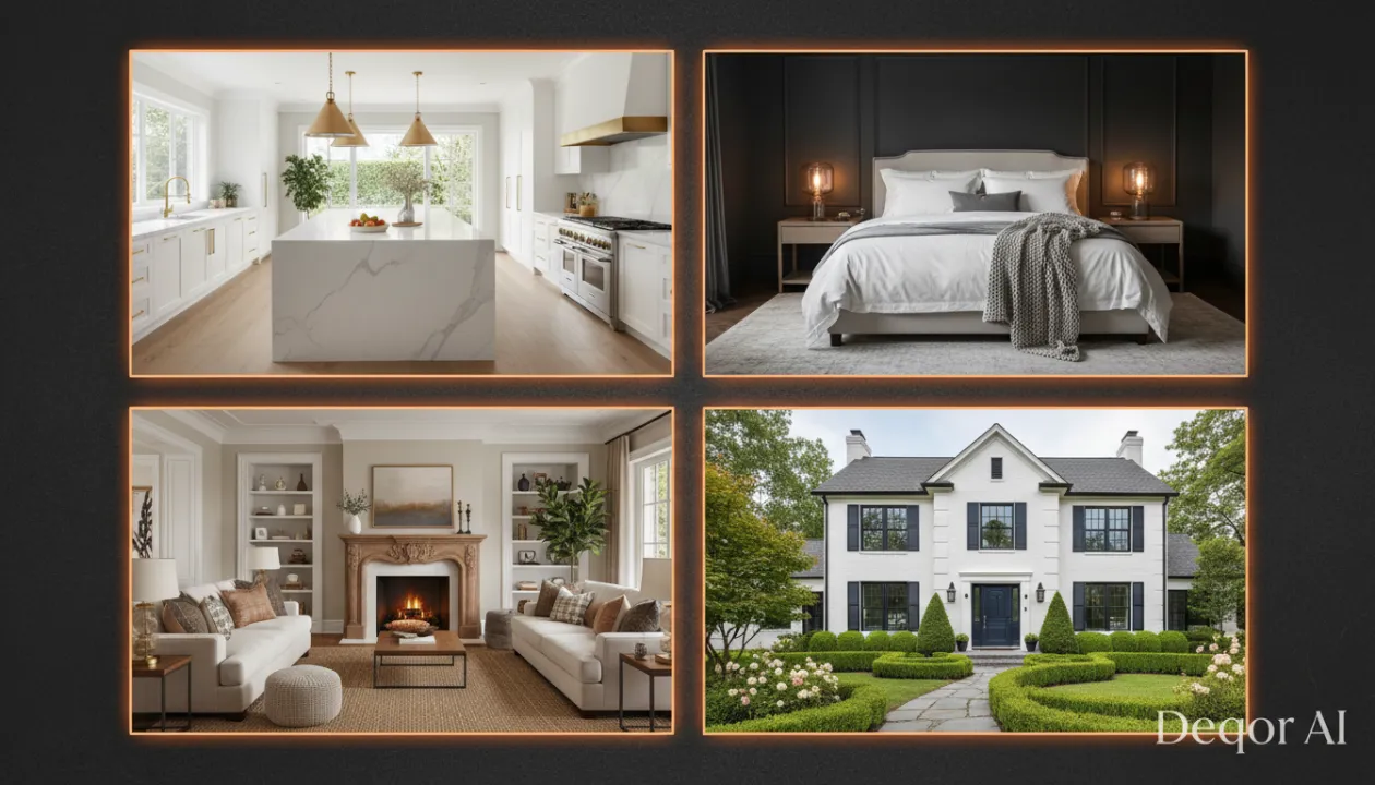 Deqor AI feature showcase - 4 stunning room transformations showing kitchen, living room, bedroom, and exterior redesigns