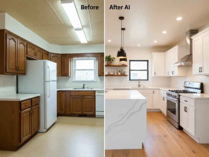 Deqor AI kitchen transformation - 1980s outdated kitchen redesigned to modern open kitchen by AI