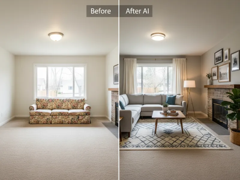 Deqor AI living room transformation - empty plain room transformed into Transitional living room with AI by Deqor