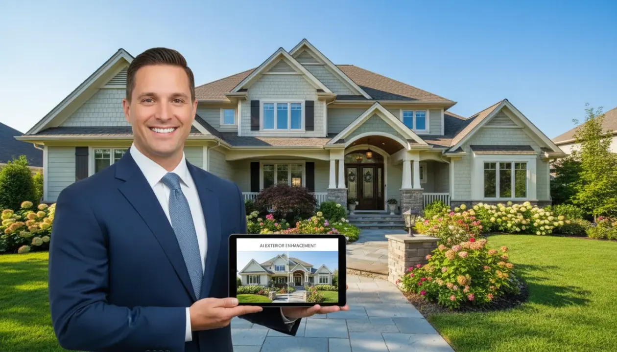 Real estate agent presenting AI-enhanced curb appeal exterior photo for a beautiful property listing with Deqor