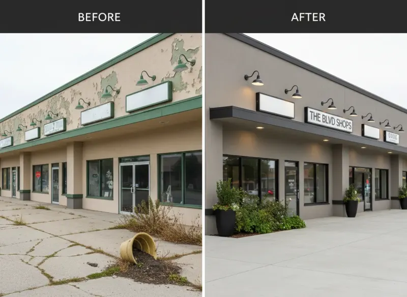 Dated commercial building transformed into refreshed modern storefront using Deqor AI exterior enhancement