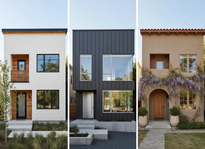 Same house shown in three different paint and material options side by side using Deqor AI exterior enhancement