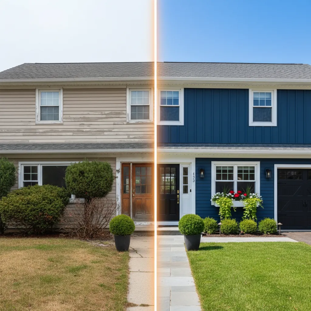 Plain suburban home transformed into beautiful curb appeal showcase by Deqor AI exterior enhancement