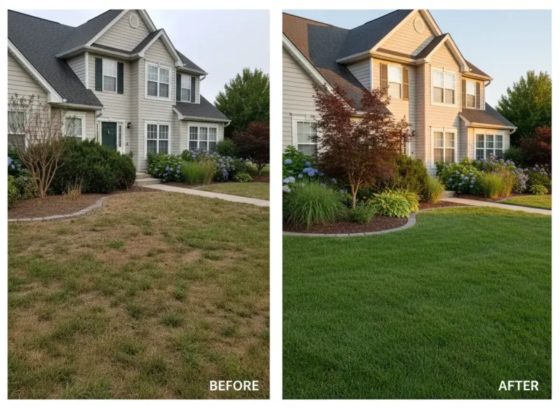 Barren front yard transformed into professional landscaping with mature plants and clean walkway by Deqor AI