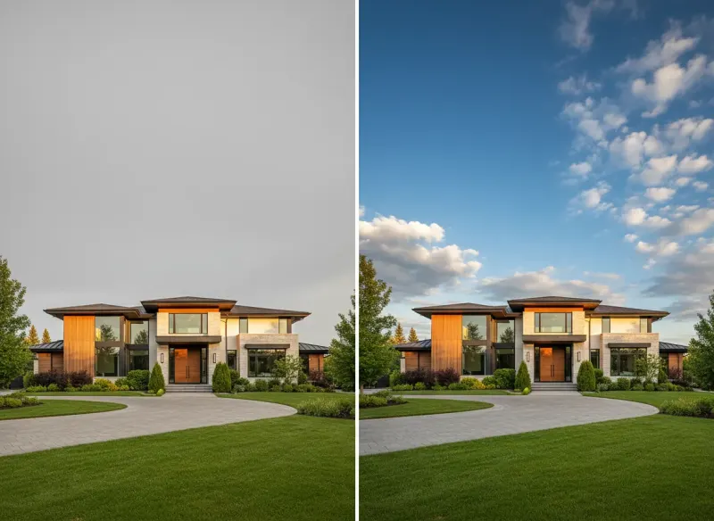 Dull gray overcast sky replaced with vibrant blue sky dramatically improving exterior property photo with Deqor AI