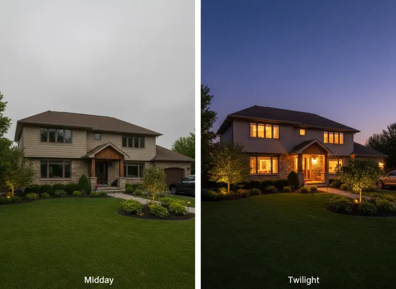 Flat overcast daytime exterior photo converted to breathtaking twilight dusk shot by Deqor AI