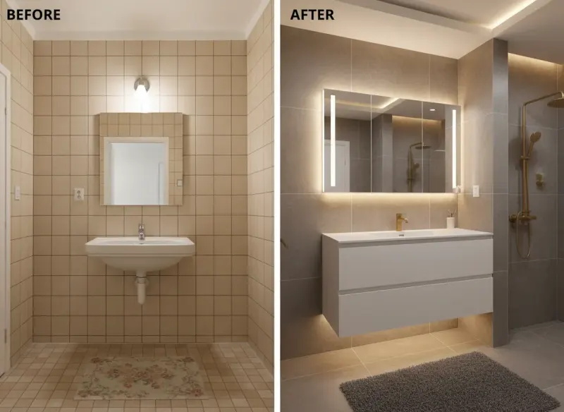 AI renovation preview transforming dated bathroom into modern spa with freestanding tub and floor-to-ceiling tile by Deqor