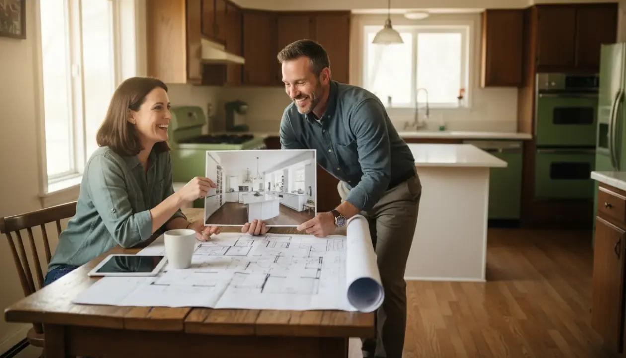 Homeowner and contractor reviewing AI renovation preview together on screen reaching clear agreement on project vision with Deqor