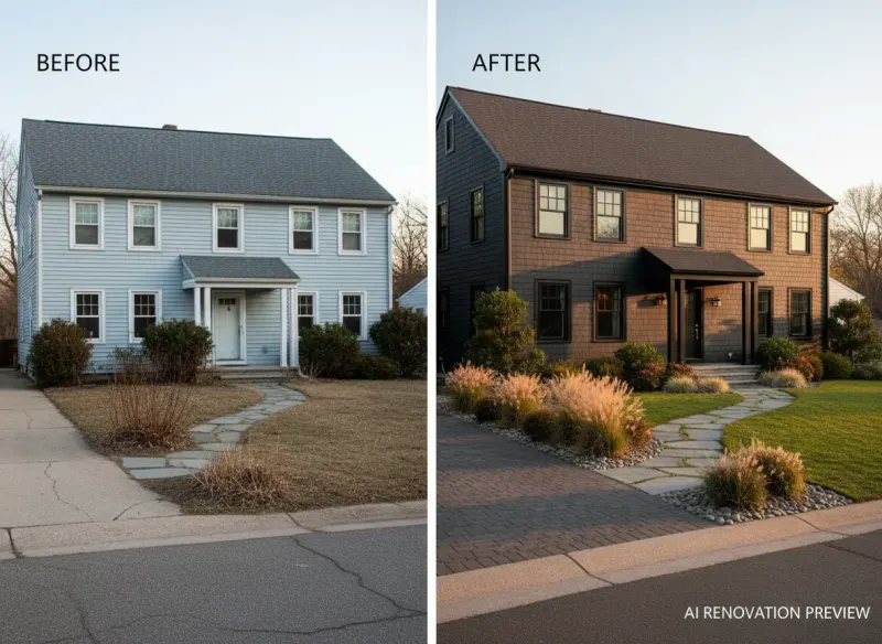 AI renovation preview transforming 1990s colonial home to dramatic modern exterior by Deqor