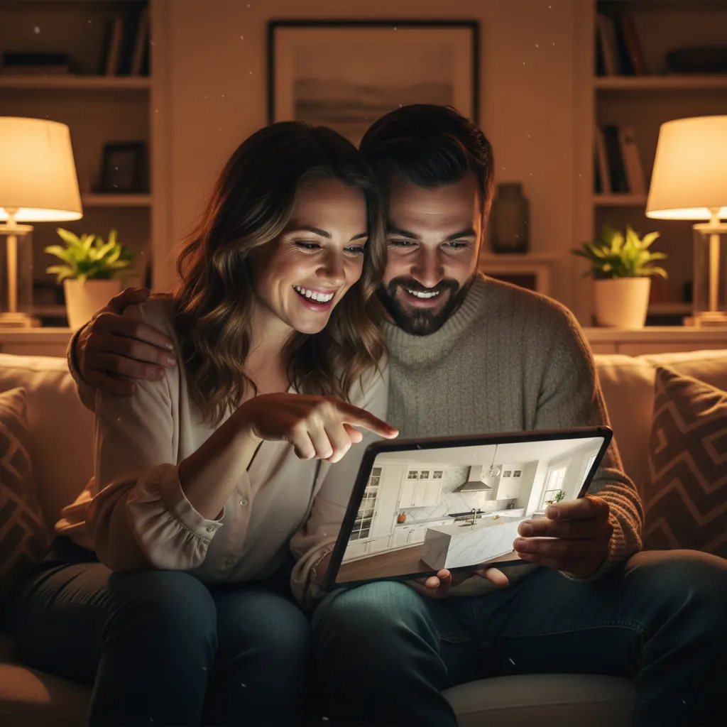 Couple reviewing photorealistic AI renovation preview on tablet showing kitchen transformation by Deqor