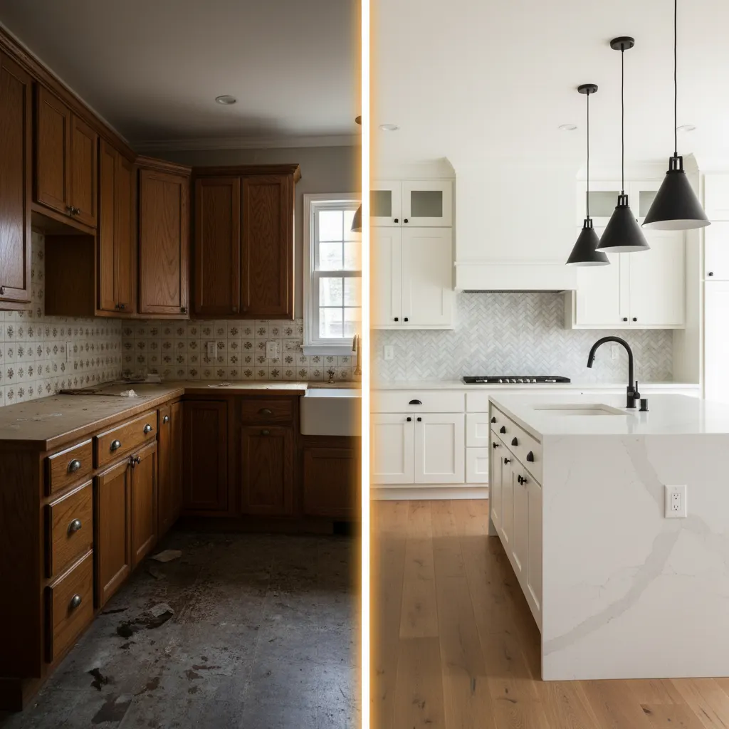 AI renovation preview showing dated kitchen transformed into modern kitchen with white shaker cabinets and quartz island by Deqor