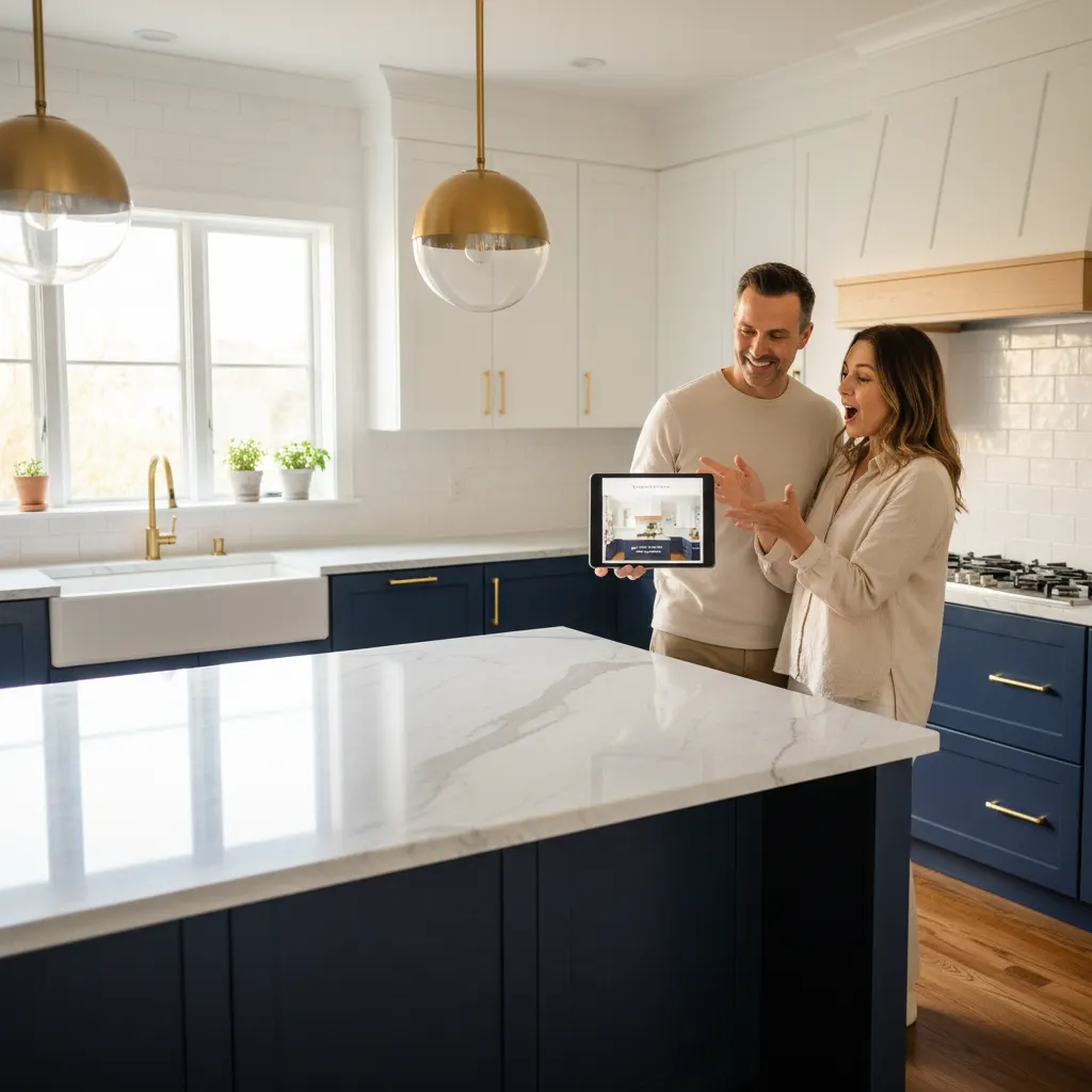 Happy homeowner comparing Deqor AI renovation preview to their finished completed renovation result