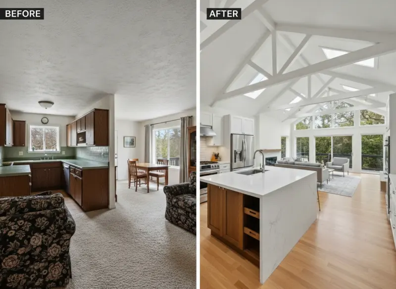 AI renovation preview showing boxy 1970s home converted to open-plan living space by Deqor