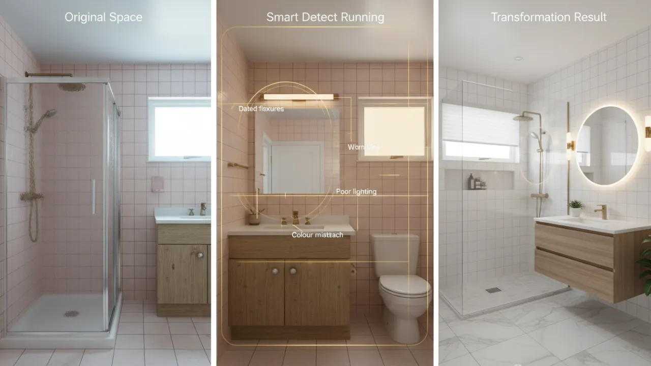 Deqor AI Smart Detect three-phase transformation: original bathroom with issues detected, AI scan running with markers, then final spa bathroom transformation result
