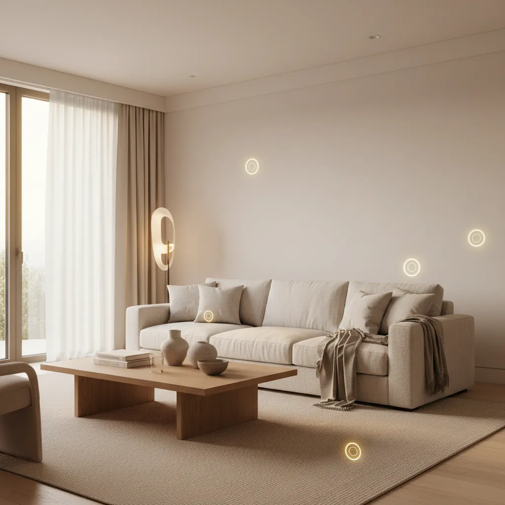 Deqor AI Design Smart Detect - beautiful interior room with golden scan detection markers identifying renovation opportunities