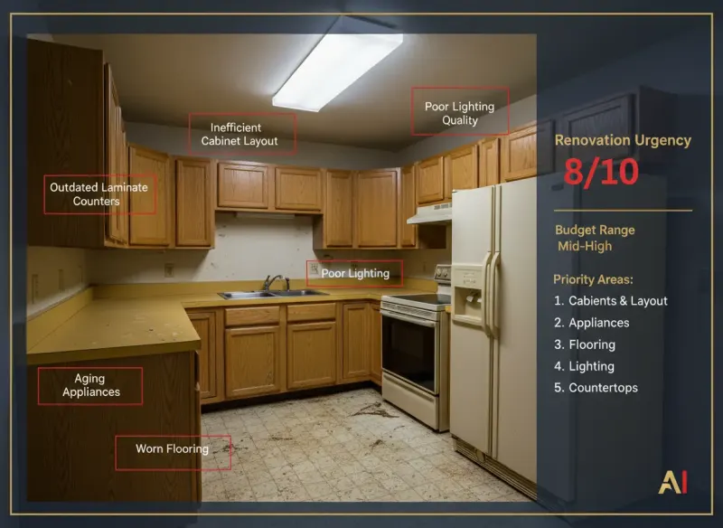 Deqor AI Smart Detect scanning a kitchen photo with red detection boxes labeling renovation problems and outdated elements
